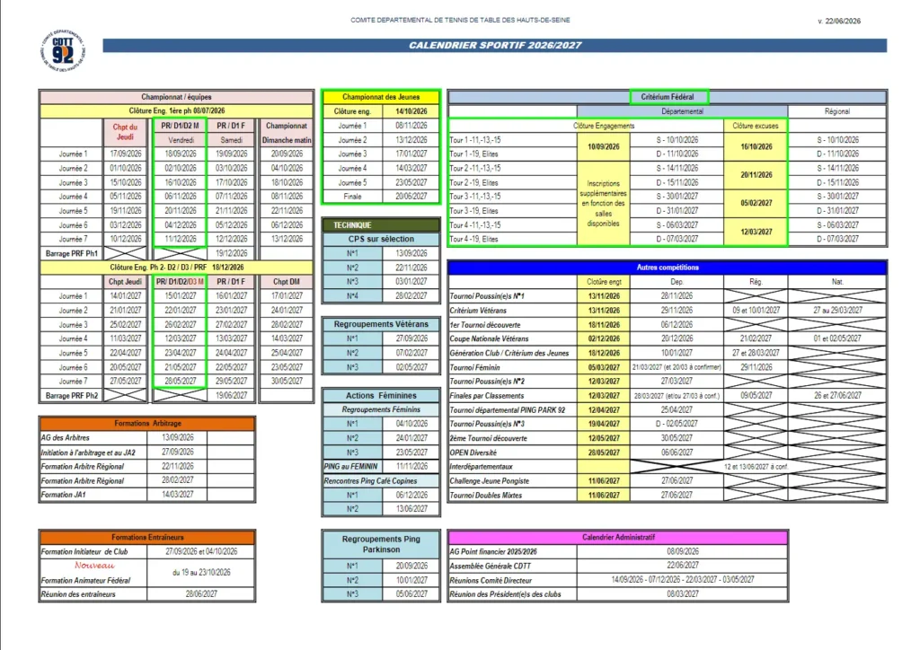 Calendrier sportif de la saison 2026-2027