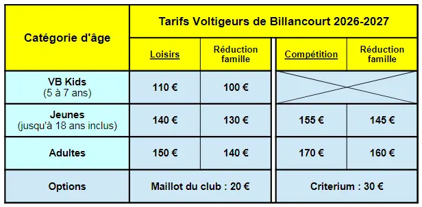 Tarifs Voltigeurs 2026-2027